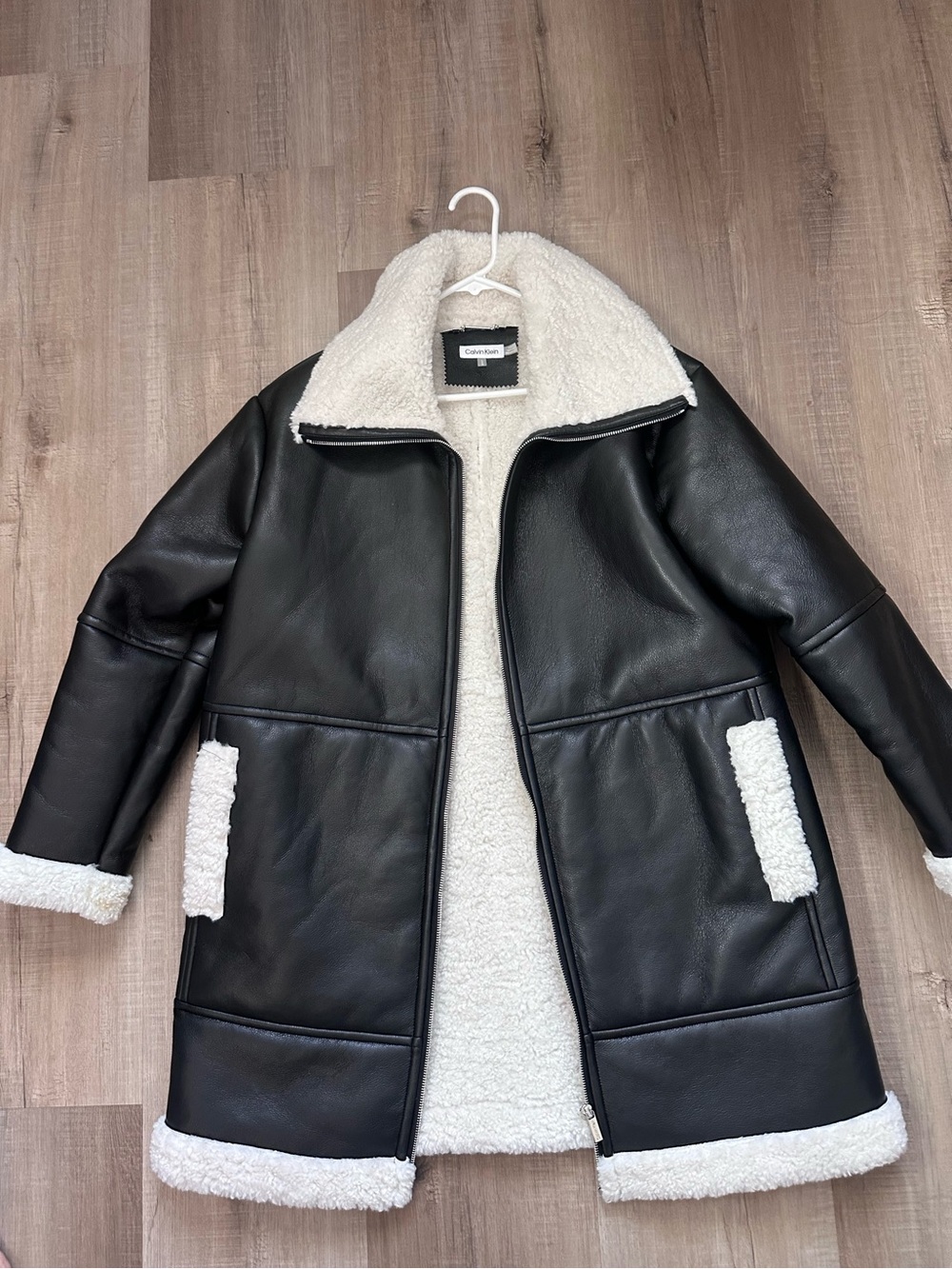 Calvin Klein Sherpa Faux Leather Coat Women’s Large Black Teddy Jacket